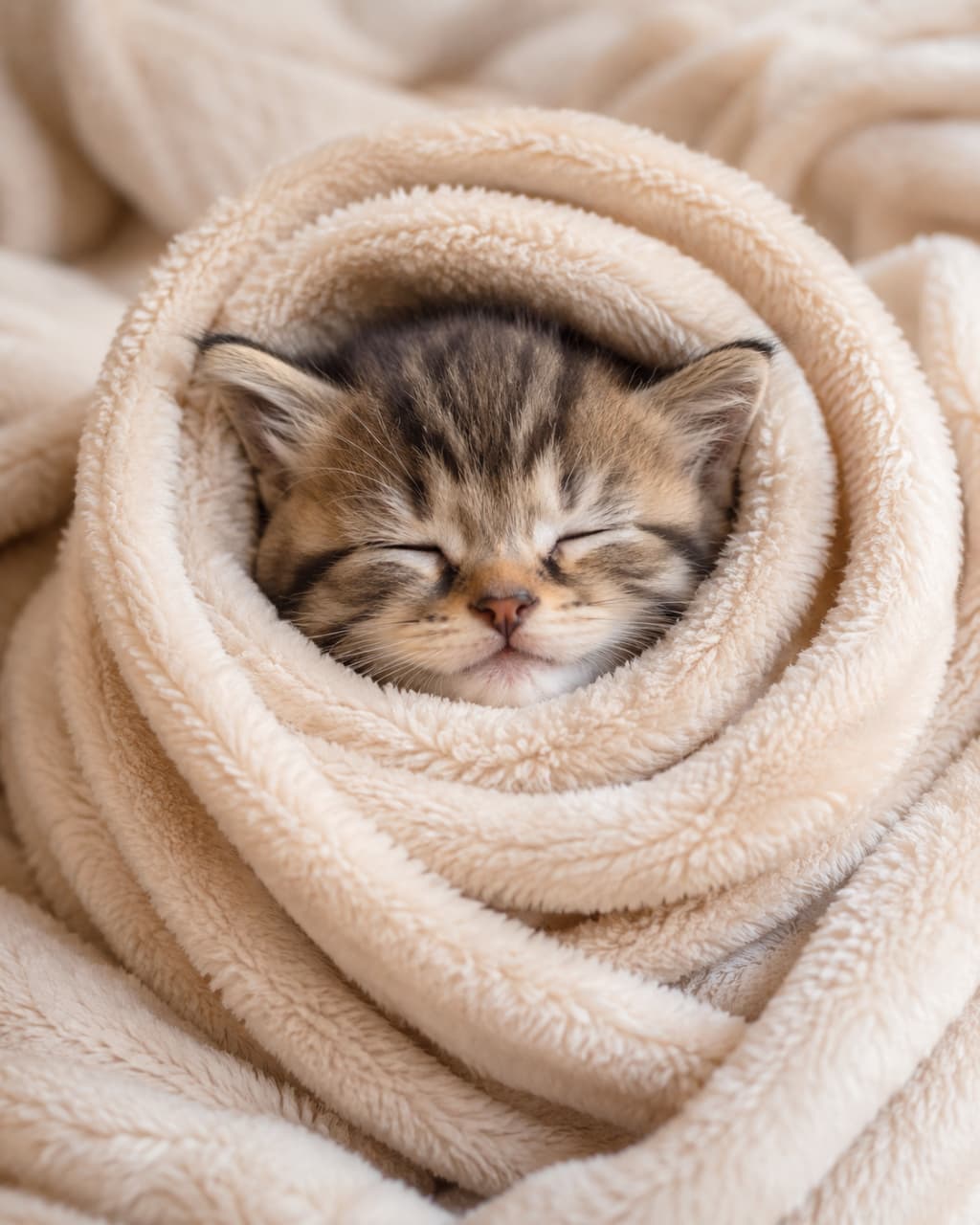 「にゃんこブリトーの一丁上がり！🌯💕 寒〜い日はこれに限るよね。このままギュッと抱きしめたくなっちゃう可愛さです🥺」Ultra-realistic high-quality photograph of an adorable tabby kitten wrapped tightly in a fluffy beige blanket like a burrito. Only its sweet, sleeping face is visible, radiating pure comfort and warmth, capturing the ultimate relaxing moment. 淡いベージュの毛足の長いもこもこブランケットに、まるでブリトーのようにぐるぐると包み込まれ、顔だけを出して満足げに眠るキジトラの子猫。顔の周りを覆う柔らかな布地の質感と、安心しきって少し口角が上がった子猫の幸せそうな寝顔が、見る者に究極の癒やしを与える超高画質なクローズアップ写真
