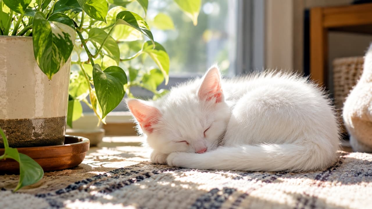 「陽だまりとグリーンに囲まれて🐈🌿白猫ちゃんのリラックスタイム。この寝顔、見ているだけで幸せな気持ちになりますね✨ #白猫 #子猫 #お昼寝 #窓辺」An ultra-realistic high-quality photograph of a pure white kitten curled up sleeping in a sunbeam by a bright window. Its eyes are closed, the fluffy white fur catching the sunlight. A lush green pothos plant in a ceramic pot is beside it. The background shows soft window light and wooden furniture. The kitten's sleeping face, fur texture, and leaf veins are in sharp detail. 明るい窓辺で、陽だまりの中に体を丸めて眠る真っ白な子猫。目を閉じ、ふんわりとした白い被毛が太陽の光を受けて輝いています。横には陶器の鉢に植えられた緑豊かなポトスの植物があり、背景の窓からは柔らかな光が差し込み、木製の家具が見えます。猫の寝顔、被毛の質感、植物の葉脈がリアルに描写された高画質写真