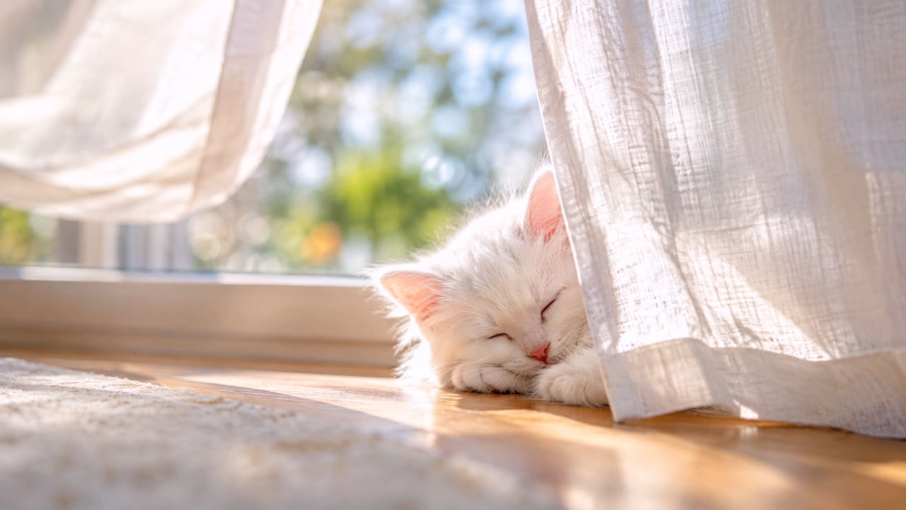 「ポカポカの窓辺でお昼寝タイム☀️光を浴びてキラキラ輝く白い毛並みが神々しい美しさですね🐈🤍 #白猫 #子猫 #ひなたぼっこ」Ultra-realistic high-quality photograph of a pure white longhaired kitten sleeping peacefully by a sunny window on a wooden floor, nestled against a sheer white curtain. Bright sunlight beautifully illuminates its soft white fur. It rests its chin on its front paws with closed eyes, complemented by a gorgeous bokeh of green foliage in the background. よく晴れた窓辺のフローリングの床で、薄手の白いカーテンに寄り添うようにして眠る長毛種の真っ白な子猫。明るい陽射しが柔らかな白い被毛を神々しく照らし出しています。目を閉じ、前足にあごを乗せてリラックスしきった表情と、背景の緑のボケ味が美しい高画質写真