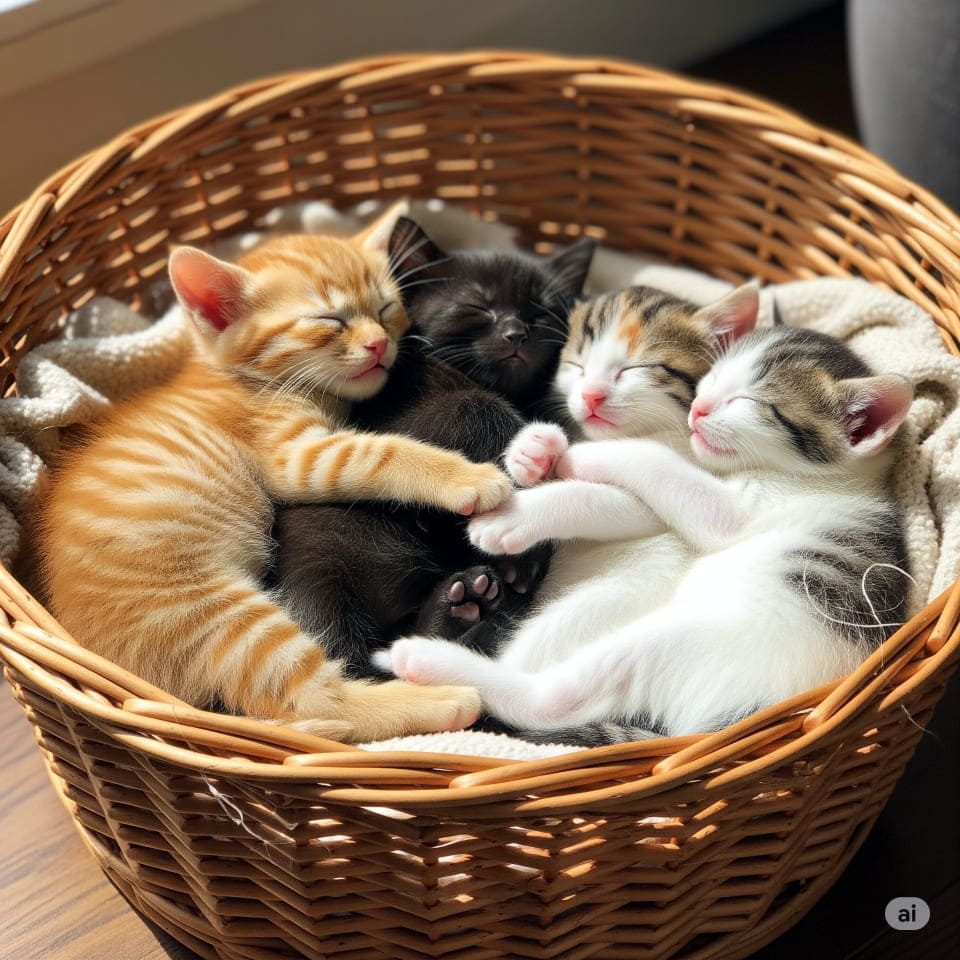 Four kittens sleep nestled in a wicker basket lined with a beige blanket: one orange tabby, one solid black, and two white with gray and orange patches. Sunlight adds warmth and tranquility. ベージュの毛布が敷かれた籐のバスケットの中で、4匹の子猫が寄り添って眠っている。茶トラ、黒、白地にグレーとオレンジの斑点の子猫たちが柔らかな光に包まれている