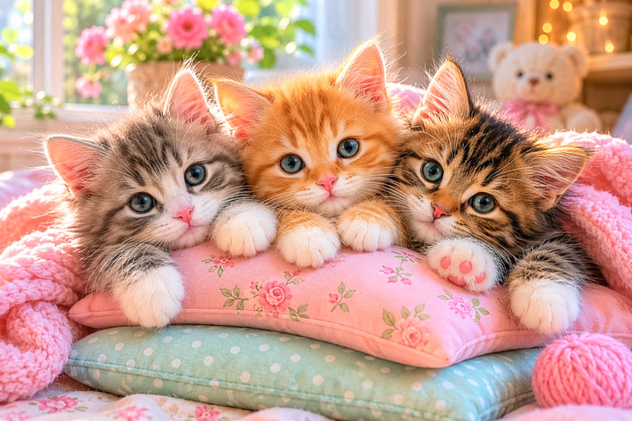 「ベッドの上が一番の遊び場かも?🌸 おもちゃより君たちに夢中です🥺✨ #猫好き #インテリア #癒やし #子猫 #多頭飼い #天使」Ultra-realistic high-quality photograph of three kittens (grey/white, ginger, and tabby) resting on floral and polka-dot cushions, partially covered by a pink blanket, looking up with large eyes. The background is softly blurred, featuring pink flowers, a teddy bear, and warm fairy lights. 花柄やドット柄の可愛らしいクッションの上で、ピンクのブランケットに包まりながらカメラをじっと見つめる、サバ白、茶トラ、キジトラの子猫3匹。背景にはピンクの花やテディベア、きらきらと輝くフェアリーライトがぼけて映り込み、夢のような空間を演出しています