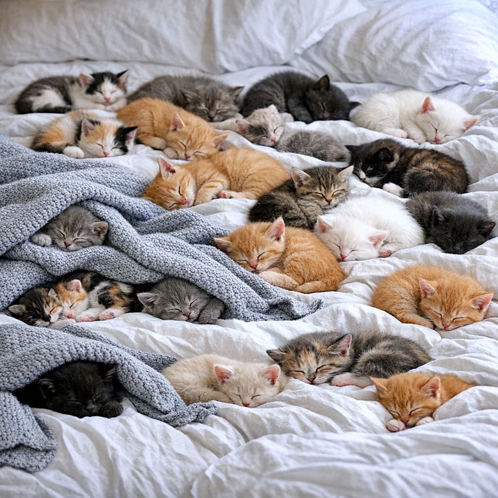 「子猫の海に溺れたい人〜!ニットの下にも上にも、数え切れないほどの天使たちがスヤスヤ夢の中♡」Photorealistic image of dozens of tiny kittens sleeping on a bed with crinkled white sheets. A chunky grey knitted blanket on the left covers several kittens, while others, including ginger, white, and tortoiseshell kittens, sleep in piles across the bed. シワのある白いシーツのベッドの上で、数十匹の小さな子猫が眠っているリアルな写真。左側のグレーの太いニットブランケットの下に数匹が潜り込み、茶トラ、白、サビ猫などが重なり合ってスヤスヤと眠っている
