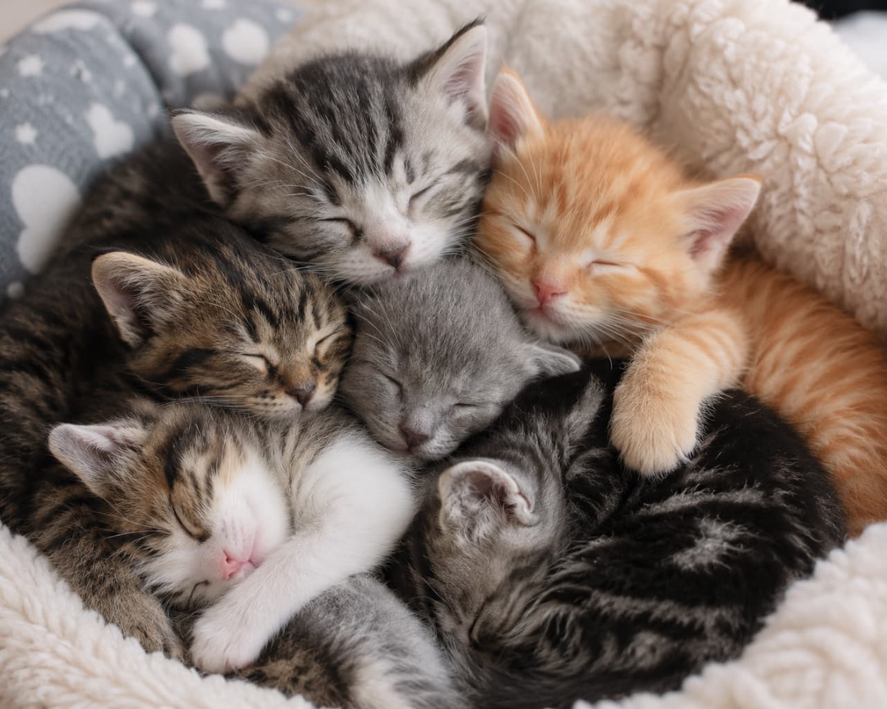 「子猫の満員御礼!🐾💤 みんなでくっつけば、どんな夢も楽しくなりそうだね🌙 みんなは何の夢を見てるのかな? #子猫のいる生活 #猫好きさんと繋がりたい #ねこ部 #おひるね #猫のいる暮らし #癒し #子猫」Ultra-realistic high-quality photograph of five mixed-breed kittens (tabby-and-white, ginger, silver tabby, tabby, and dark tabby) sleeping tightly clustered together in a circular formation inside a cozy grey pet bed with white star patterns and fluffy edges. グレーに白い星柄がデザインされたフリース素材の丸いペットベッドの中で、5匹のミックスの子猫(キジ白、茶トラ、サバトラ、キジトラ、黒キジ)が円を描くように密集して眠っている高画質写真。互いの体に顔や前足を乗せ合い、安心しきった無防備な寝顔が強調されている
