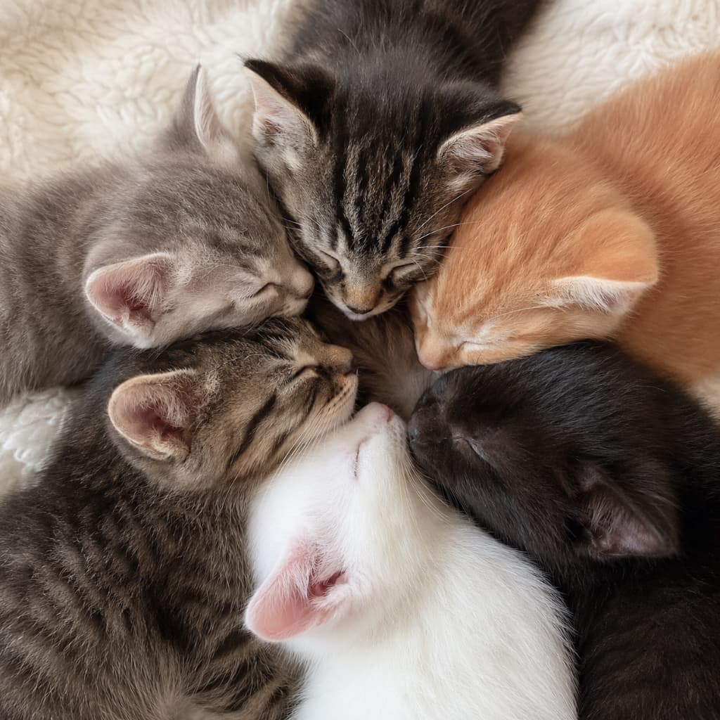 「みんなで内緒話中?それとも夢の中で会議かな?💤 5匹のカラフルな円陣に心癒されます🌈✨ #子猫の寝顔 #猫会議 #もふもふ」Ultra-realistic high-quality photograph of five kittens—silver tabby, brown tabby, ginger, black, and white—sleeping deeply in a tight circle on a fluffy white rug, showcasing detailed fur textures and peaceful expressions. 5匹の子猫(サバトラ、キジトラ、茶トラ、黒猫、白猫)が、白いふわふわのラグの上で頭を中心に向けて円を描くように身を寄せ合って眠っている様子。それぞれの被毛の質感や、安心しきった穏やかな表情が鮮明に捉えられています