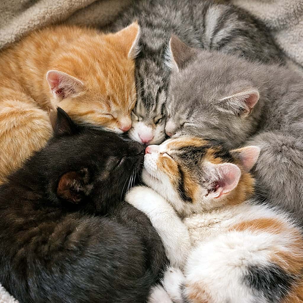 「ぎゅぎゅっと密着、夢の「猫団子」。色とりどりの子猫たちが渦巻いて、どこから見ても幸せな眺め♡」Close-up of five kittens sleeping in a tight, swirling cluster on a soft fleece blanket. An orange tabby, silver tabby, and grey kitten rest at the top, while a black kitten and a calico kitten snuggle closely at the bottom. 柔らかい毛布の上で、5匹の子猫が中心に向かって渦を巻くようにぎゅっと集まって眠っているクローズアップ。茶トラ、サバトラ、グレー、黒、三毛が密着して高密度の「猫団子」を作っている