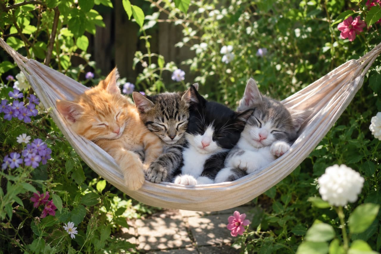 「お花畑のベッドでおやすみなさい🌸🌿 妖精さんみたいな子猫たちの寝顔に、心までぽかぽか温まりますね🧚♀️✨」Ultra-realistic high-quality photograph of four kittens sleeping peacefully in a garden hammock, surrounded by beautiful blooming flowers and lush green foliage bathed in soft dappled sunlight. 緑豊かな庭の木漏れ日の中、ハンモックで身を寄せ合って眠る4匹の子猫(茶トラ、キジトラ、ハチワレ、サバ白)の超高画質写真。背景には紫やピンク、白の可憐な花々が咲き乱れ、陽光が子猫たちの被毛を優しく照らす、まるで妖精の森のようなメルヘンチックな一枚です