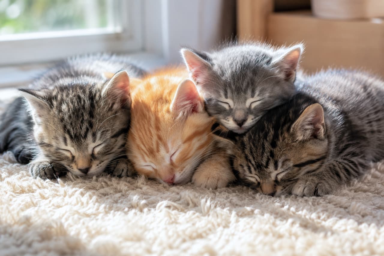「太陽の匂いがするふわふわベッドでおやすみなさい☀️💤 重なり合うもふもふの塊に顔をうずめたい人挙手!🙋♀️ #ねこ部 #おひるね #猫のいる暮らし #癒し #子猫」Ultra-realistic high-quality photograph of four kittens (tabby, ginger, silver tabby, and tabby) piled up and sleeping deeply on a fluffy white rug, with bright natural sunlight streaming from the window illuminating their soft fur and creating a warm, glowing halo effect. 窓から差し込む明るい日差しの中、白いもこもこのラグの上で4匹の子猫(キジトラ、茶トラ、サバトラ、キジトラ)が重なり合うようにして深く眠っている高画質写真。逆光気味の光が子猫たちの耳や輪郭の産毛を黄金色に輝かせ、被毛の柔らかさと究極のリラックス感を表現している