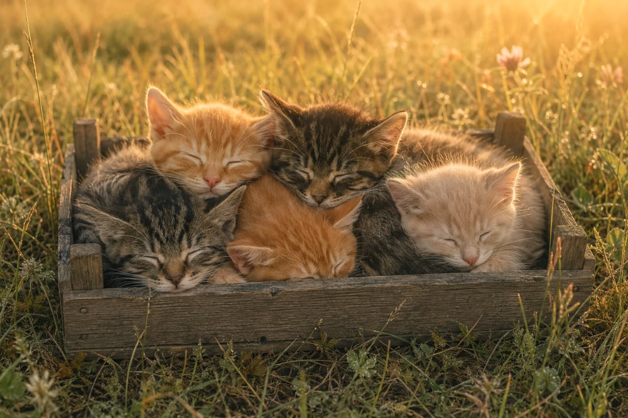 「夕陽に包まれておやすみなさい🌆 黄金色に輝く子猫たちの寝顔は、まるで絵本の世界から飛び出してきたみたい📖✨」Ultra-realistic high-quality photograph of four small kittens (ginger, brown tabby, cream) sleeping tightly in a small wooden crate on a grassy field, beautifully illuminated by the golden hour sunlight. 夕暮れ時(ゴールデンアワー)の美しい光に照らされた草原の中で、小さな木箱に身を寄せ合って眠る4匹の子猫(茶トラ、キジトラ、クリーム)の超高画質写真。逆光気味の陽光が子猫たちの柔らかな産毛やヒゲを黄金色に輝かせ、幻想的でノスタルジックな情景を作り出しています