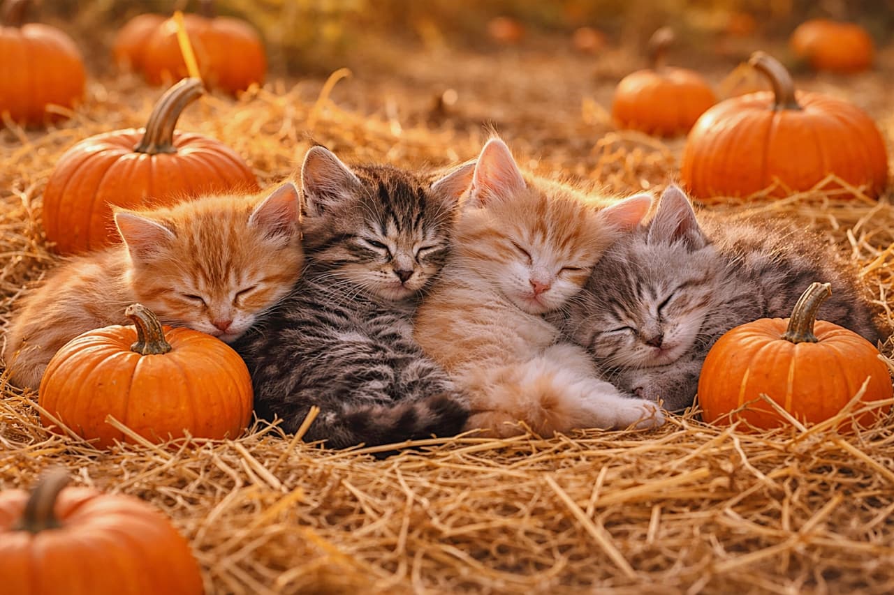 「かぼちゃ畑でぎゅうぎゅうお昼寝中🎃秋のぬくもりに包まれた、しあわせな子猫団子」Four sleeping kittens nestled together on a bed of straw, surrounded by small pumpkins in warm autumn sunlight. 藁の上で小さなかぼちゃに囲まれ、秋のやさしい光の中で寄り添って眠る4匹の子猫