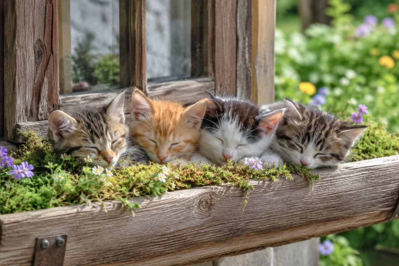 「ぽかぽかお日様と緑のベッド🌿💤 仲良し4きょうだいのお昼寝タイムに、思わずほっこりしちゃいますね🥰 #子猫 #お昼寝」Ultra-realistic high-quality photograph of four mixed-breed kittens (tabby, ginger, black-and-white, and tabby-and-white) sleeping peacefully together in a rustic wooden window planter filled with green moss and tiny flowers, illuminated by soft, warm natural sunlight. 陽の当たる木製の窓辺に置かれた苔と小花が咲くプランターの中で、4匹のミックスの子猫(左からキジトラ、茶トラ、黒白ハチワレ、キジ白)が目を閉じて幸せそうに身を寄せ合って眠っている高画質写真。柔らかな自然光が被毛の繊細な質感を際立たせ、穏やかで平和な雰囲気を漂わせている