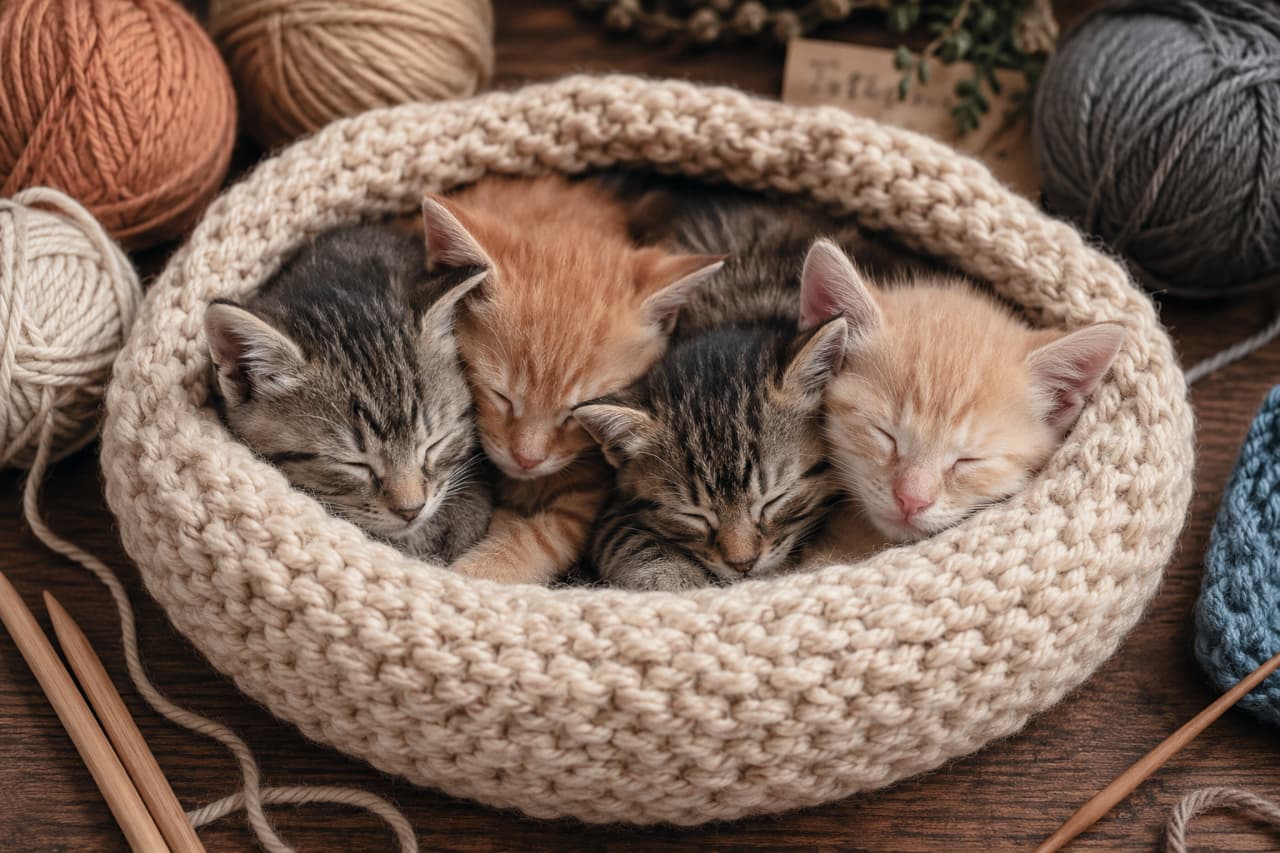 「毛糸のベッドは特等席🧶🐾 ぎゅっと身を寄せ合う子猫たちの寝顔に、日々の疲れも吹き飛びますね✨ #猫のいる暮らし #癒し #子猫 #お昼寝」Ultra-realistic high-quality photograph of four kittens (two tabbies and two gingers) curled up and sleeping soundly inside a beige chunky knit basket on a rustic wooden table, surrounded by earthy-toned yarn balls and wooden knitting needles. 暖かみのある木製のテーブルの上で、チャンキーニットで編まれたベージュのカゴにすっぽりと収まり、身を寄せ合って眠る4匹の子猫(キジトラ2匹、茶トラ2匹)の高画質写真。周囲にはアースカラーの毛糸玉や木製の編み棒が散りばめられ、被毛のふわふわ感と毛糸の温もりがマッチした秋冬らしい情景