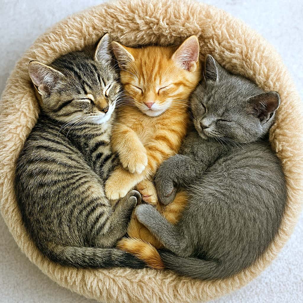 「ふわふわベッドでぎゅっと団子にゃん!」Three kittens curled up together inside a round, plush cat bed, captured in a realistic high‑resolution photograph. 丸いふわふわの猫用ベッドの中で、3匹の子猫が寄り添って眠っている高解像度のリアルな写真