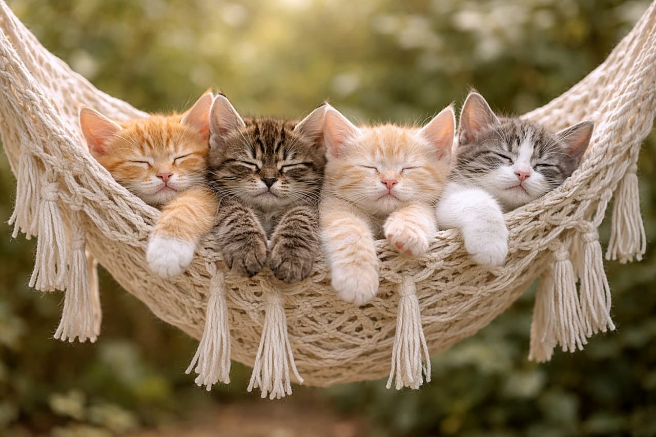 「みんな一緒なら夢の中までふわふわ。前足ぷらんが可愛すぎる、しあわせ昼寝タイム🐱💤」Several kittens sleeping together in a hammock, their tiny front paws dangling as they nap peacefully in soft natural light. ハンモックの上で数匹の子猫たちが寄り添って眠り、前足をぷらんと垂らしている様子