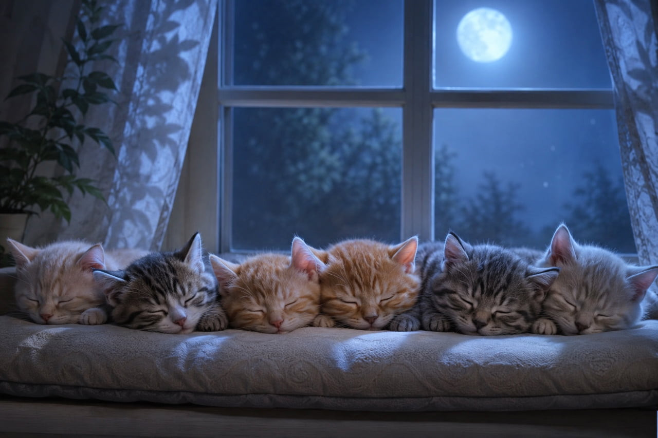 「満月の夜、窓辺に並ぶ小さな天使たち…窓の向こうの綺麗なお月様の夢を見ているのかな?🌙大好きな人と共有してね✨ #猫のいる暮らし #満月の夜 #おやすみ #猫団子 #天使の寝顔 #もふもふ部 #子猫のいる生活 #猫好きさんと繋がりたい #ねこ部 #癒し #子猫」Ultra-realistic high-quality photograph of six fluffy kittens sleeping side by side on a window sill cushion under a brilliant full moon. Mystical blue moonlight bathes the room, casting soft shadows through lace curtains in a serene night setting. 夜空に大きな満月が輝く窓辺で、ふかふかの長いクッションの上に美しく横一列に並んで眠る、クリーム、キジ白、茶トラ、サバトラなど6匹の子猫たち。幻想的な青い月光が室内を静かに照らし、レースのカーテン越しに木々のシルエットが浮かび上がるロマンチックな夜の情景