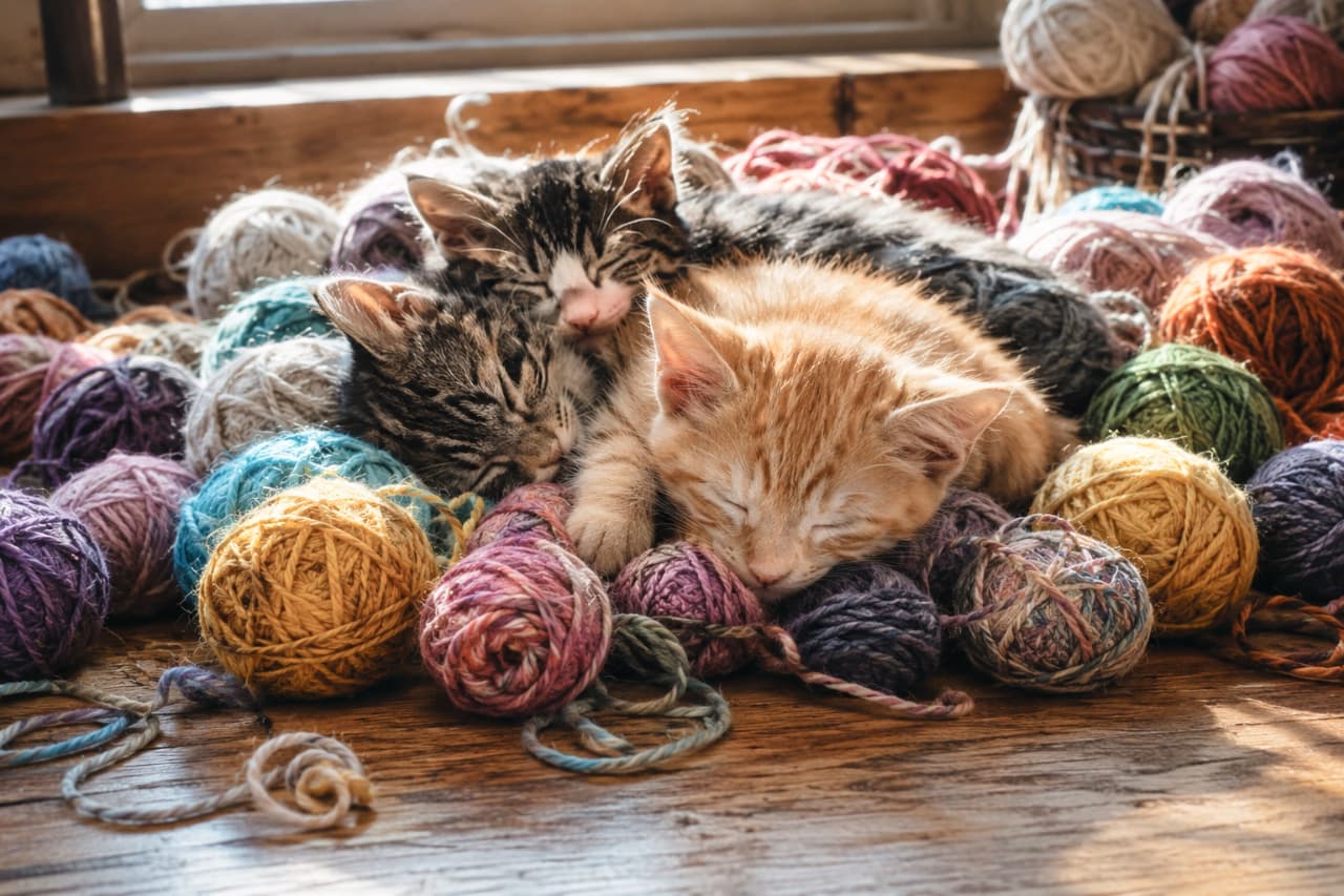 「いっぱい遊んで、毛糸玉の海でスヤスヤ…🧶💤 どんな夢を見ているのかな?🐈🌈 #手芸部 #子猫のいたずら #お昼寝」Ultra-realistic high-quality photograph of kittens (tabbies and ginger) sleeping deeply, partially buried in a massive pile of colorful yarn balls on a rustic wooden floor. Dramatic, slanted sunlight highlights the textures of the yarn and the kittens' soft fur. 古びた木の床の上に散らばった、赤、青、黄色、緑など色鮮やかな多数の毛糸玉の中に埋もれるようにして眠る、キジトラと茶トラの子猫たち。窓からの斜めの光が毛糸のテクスチャと子猫のふわふわの毛並みを立体的に浮かび上がらせています
