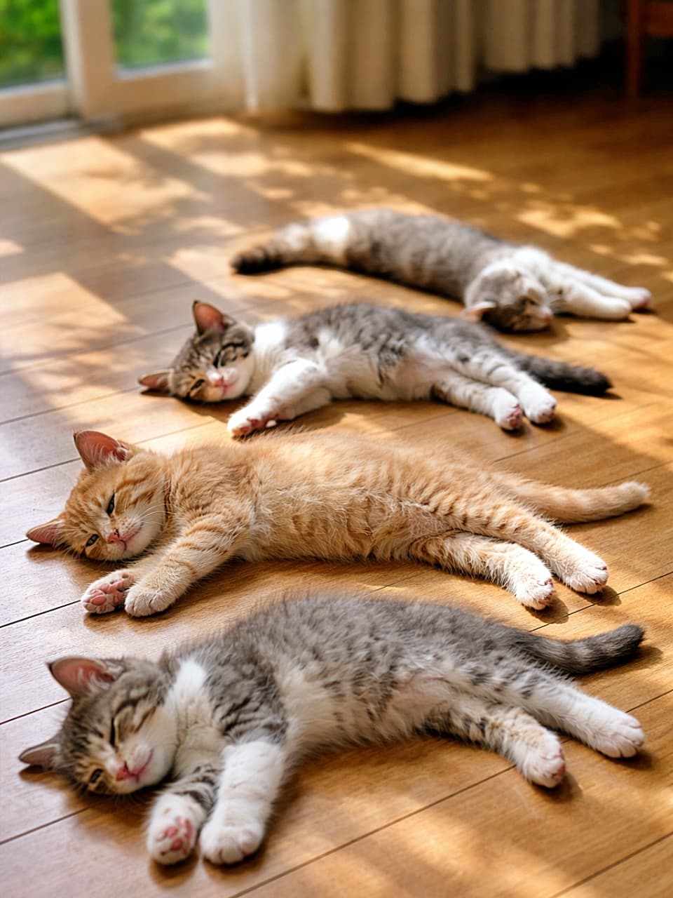 「日だまりは子猫専用ベッド☀️みんなでのび〜っと、お昼寝タイム🐾」Several kittens sleeping stretched out in a sunbeam on a wooden floor, photorealistic 木の床に差し込む日差しの中で、体を伸ばして眠る複数の子猫たち