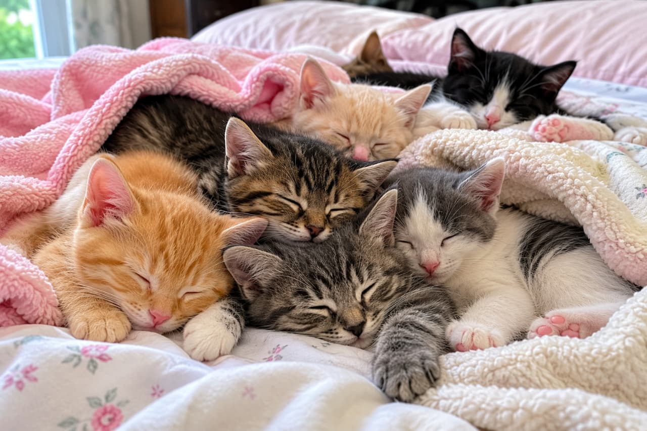 「ピンクのベッドで見る夢はどんな色?🌸 ちらっと見える肉球がたまりませんね🐾💤 #子猫 #肉球 #ねこ部」Ultra-realistic high-quality photograph of five kittens (ginger, brown tabby, silver tabby, and tuxedo) sleeping soundly, bundled together under a fluffy pink blanket. Little pink toe beans peek out, highlighting their completely relaxed and peaceful expressions. ふわふわのピンク色のブランケットに包まれ、5匹の子猫(茶トラ、キジトラ、サバトラ、ハチワレなど)が顔を寄せ合ってぐっすり眠っている様子。ピンクの肉球が少しはみ出しており、それぞれが安心しきった表情で重なり合うように温まり合っています
