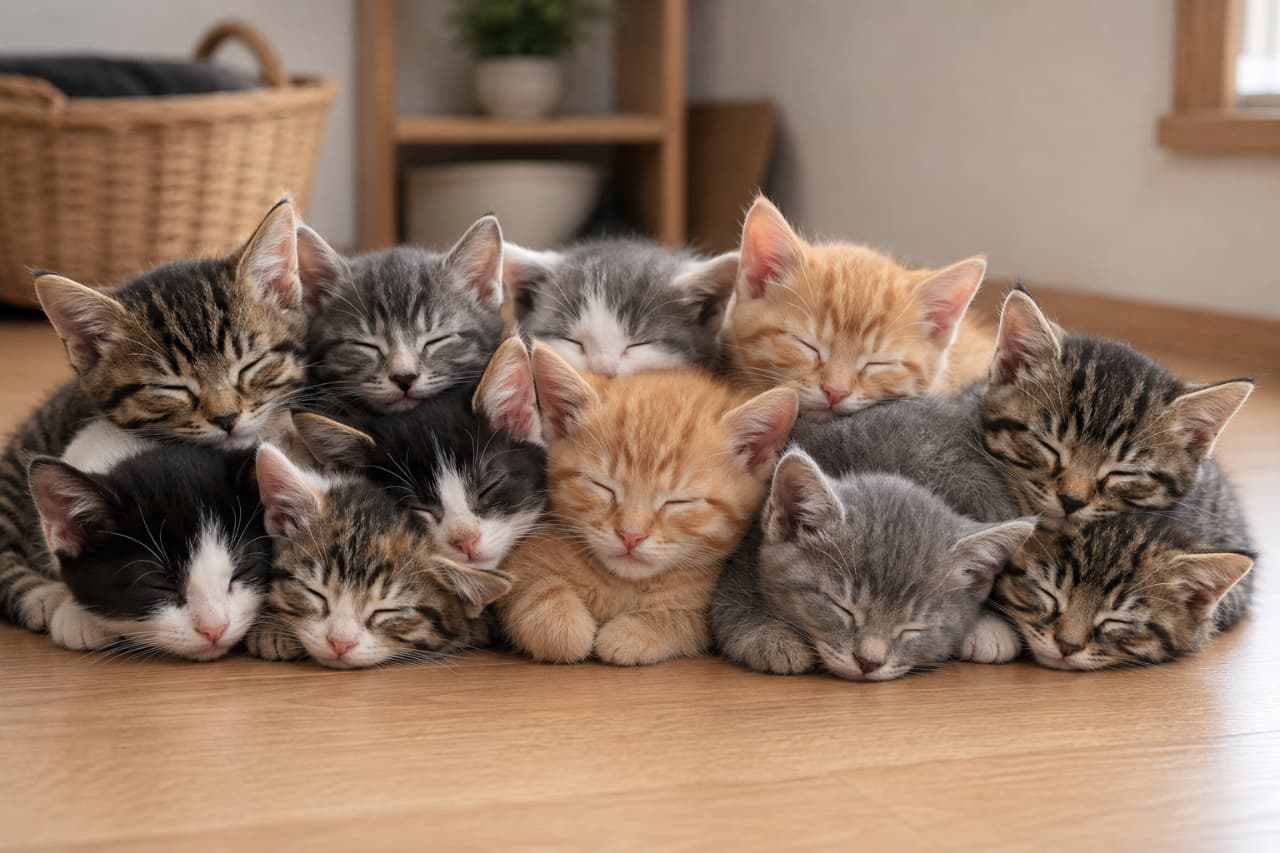 「圧巻の猫団子大集合🍡🐈 ぬくもりを分け合う子猫たちの寝顔に、今日一日の疲れも吹き飛びますね!最高の癒やしをお届け🎁」Ultra-realistic high-quality photograph of a large pile of adorable kittens in various coat colors (tabby, ginger, tuxedo) sleeping soundly together on a warm wooden floor in a cozy room. 暖かい木のフローリングの上で、8匹以上のキジトラ、茶トラ、ハチワレ、サバトラなどのミックス子猫たちが折り重なるように「猫団子」となって眠っている超高画質写真。背景には編みカゴや木製家具がぼんやりと映り込み、家庭的で心温まる室内風景を描き出しています