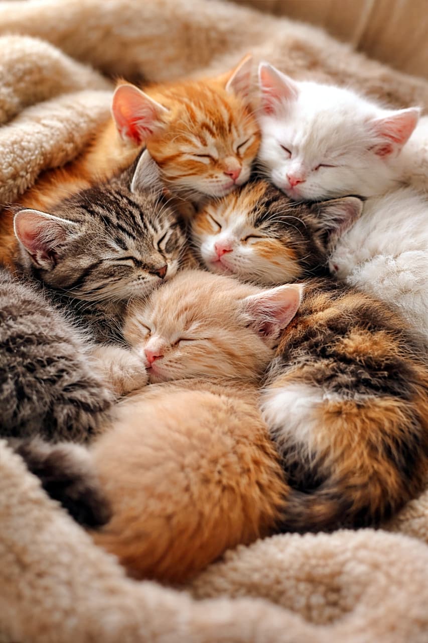 「ぎゅっと集まってぬくぬく夢の中💤幸せあふれる子猫のねこ団子タイム♪」Six adorable kittens cuddled tightly together in a cozy cat huddle, fast asleep on a soft blanket, showing warmth and fluffy fur textures. ふわふわの毛並みが重なり合い、柔らかなブランケットの上で寄り添って眠る6匹の子猫たち