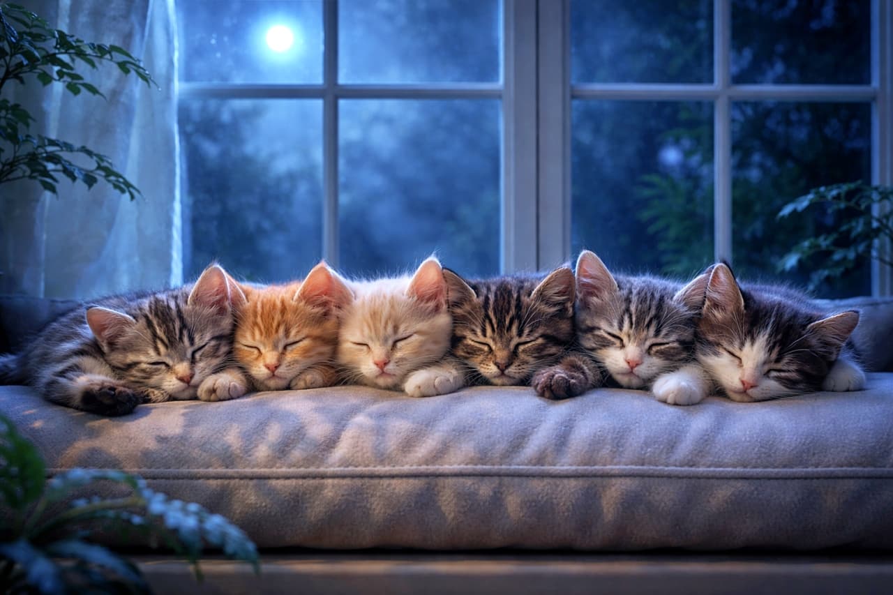 「月明かりに包まれてぎゅうぎゅうおやすみ🌙並んだ寝顔が可愛すぎる夜の子猫タイム」Six kittens sleeping side by side on a cushioned windowsill, softly lit by moonlight through window panes with cool blue tones and plant shadows. 月明かりが差し込む窓辺のクッションの上で、6匹の子猫が並んで眠っている幻想的な夜の風景