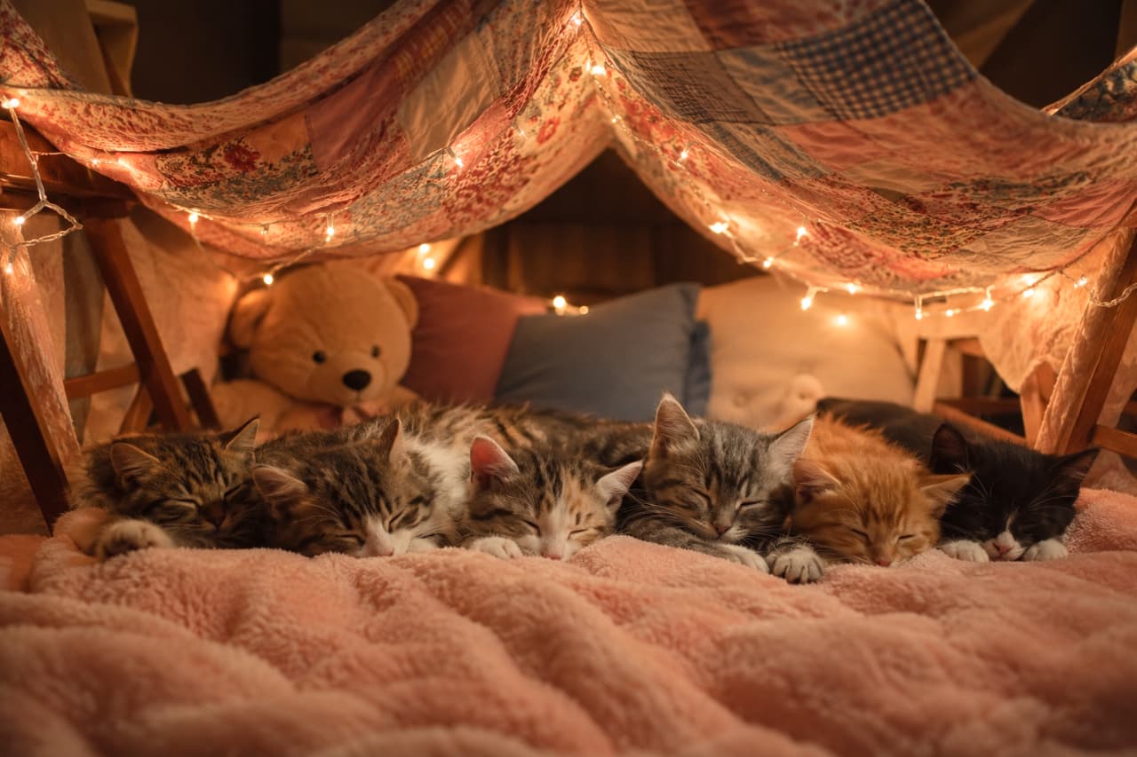 「手作りの秘密基地でスヤスヤ…💤横一列に並んで眠る子猫たちに癒やされ度120%💖みんなはどの子をそっと撫でてあげたい?🐈✨ #子猫 #お昼寝にゃんこ #猫のいる暮らし #猫団子 #天使の寝顔 #もふもふ部 #子猫のいる生活 #猫好きさんと繋がりたい #ねこ部 #癒し」Ultra-realistic high-quality photograph of six diverse, adorable kittens sleeping in a row inside a cozy patchwork quilt tent. Warm fairy lights softly illuminate the pink fluffy blanket where tabby, calico, ginger, and tuxedo kittens rest peacefully next to a plush teddy bear. パッチワークキルトで作られた小さなテント型の隠れ家の中で、ピンクのふわふわな毛布の上に横一列に並んで眠るキジトラ、三毛、サバトラ、茶トラ、黒白など6匹の可愛い子猫たち。温かみのあるフェアリーライトが周囲を照らし、奥には大きなクマのぬいぐるみが佇む、アットホームで癒やしに満ちた昼寝の風景