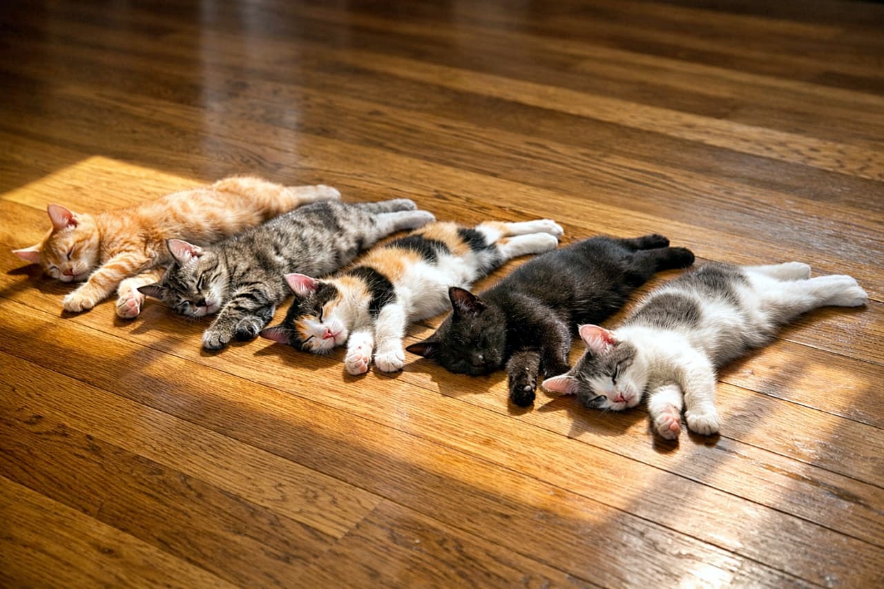 「おひさま充電中☀️のび〜っと並んで夢の世界へ。今日の床、最高にあったかい」Five kittens stretched out asleep side by side in a warm sunbeam on a wooden floor, captured in a photorealistic style. 木の床に差し込む暖かな日差しの中で、5匹の子猫が横一列に伸びて眠っている様子を写した写実的な写真