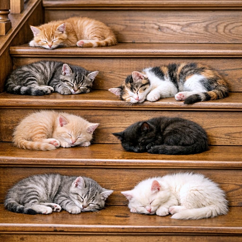 「一段一匹、きちんと整列。階段が子猫専用ベッドになった、平和すぎる午後」Multiple kittens sleeping quietly on different steps of a wooden staircase, arranged neatly on each step, warm tones, photorealistic and high resolution. 木製の階段の各段に整然と並び、複数の子猫たちが静かに眠っている様子。木の温もりが伝わるリアルな写真