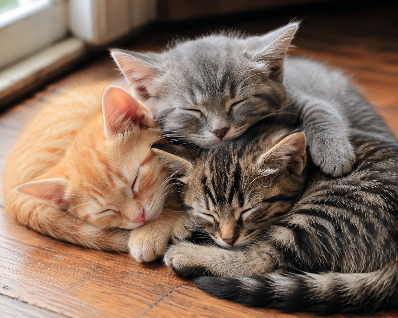 「おひさまの匂いがしそう🌞 みんなで重なれば暖かさも3倍だね🐈🐈🐈 #ひなたぼっこ #猫団子 #子猫の成長 #猫のいる暮らし #猫好きさんと繋がりたい」Ultra-realistic high-quality photograph of three kittens (ginger, brown tabby, and grey/blue tabby) sleeping peacefully in a pile on a warm wooden floor, bathed in soft, bright natural sunlight coming from a nearby window. 窓から差し込む明るい自然光を浴びながら、木目の美しいフローリングの上で、茶トラ、キジトラ、ブルーパッチドタビー風のグレーの子猫3匹が、気持ちよさそうに折り重なって眠る光景。それぞれの被毛の模様やツヤが光によって美しく際立っています