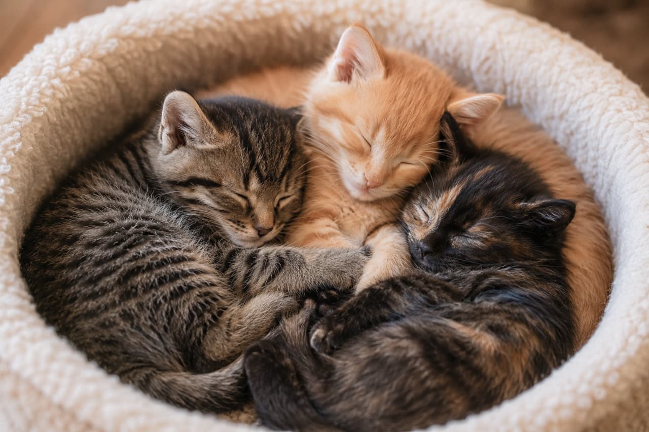 「ぎゅっとくっついて夢の中へ…☁️💤 どの子の寝顔が一番好き? #子猫のいる生活 #お昼寝タイム #癒やし猫 #猫団子 #多頭飼い #奇跡の1枚」Ultra-realistic high-quality photograph of three adorable kittens (a mackerel tabby, a ginger tabby, and a tortoiseshell) sleeping soundly, curled up together tightly inside a white fluffy round pet bed, illuminated by soft, warm natural light. 白くふわふわなラウンドベッドの中で、キジトラ、茶トラ、サビ柄(または黒混じり)の3匹の子猫が、お互いの温もりを感じながらぴったりと身を寄せ合って眠る様子。穏やかな寝顔と柔らかな被毛の質感が、温かみのある自然光に照らし出されています