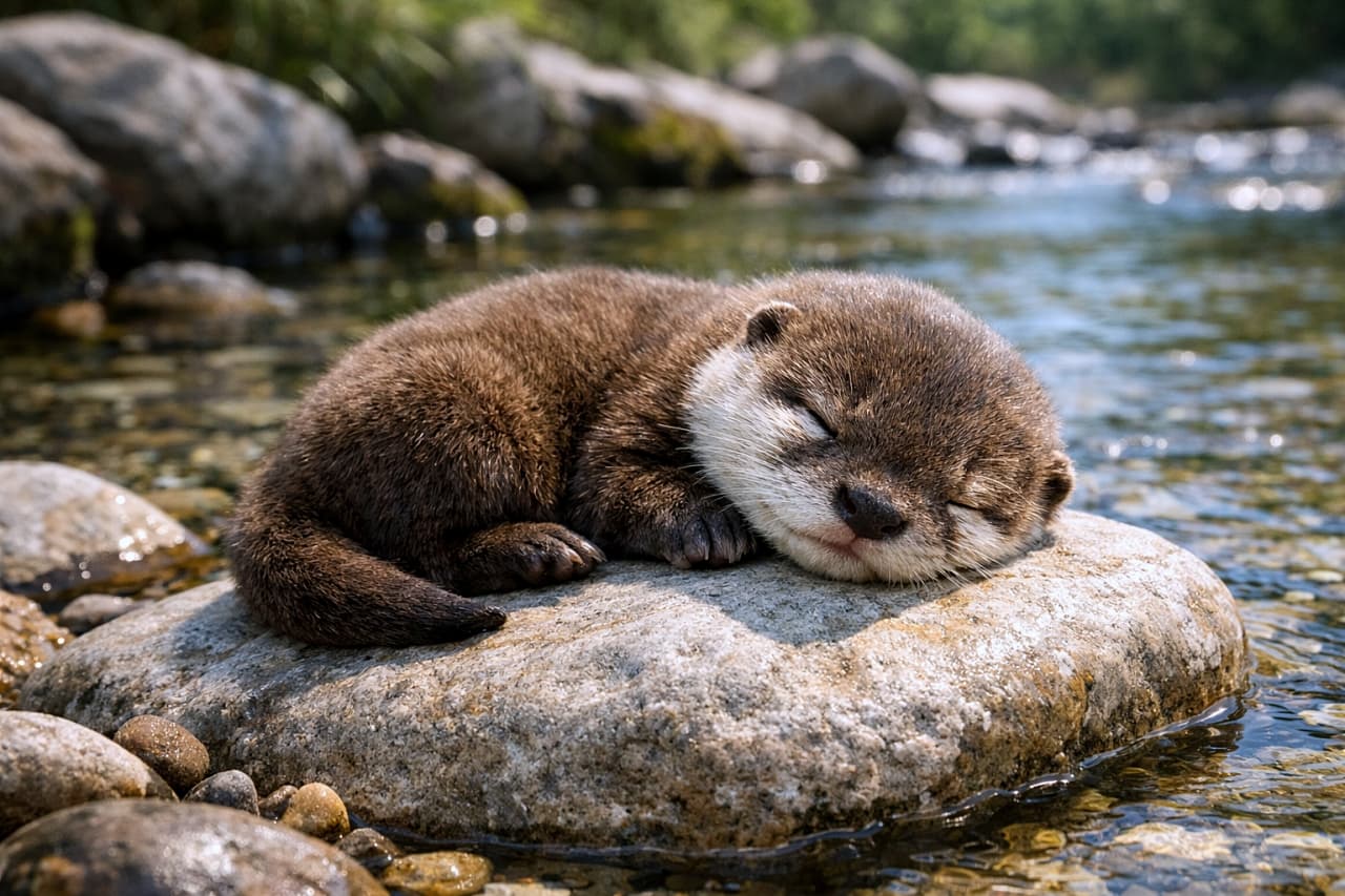 「ぽかぽか石の上で夢の中♪小さなカワウソの癒やしお昼寝タイム🦦✨」A baby river otter sleeping peacefully on a smooth sun-warmed stone beside a clear stream, surrounded by natural rocks and sparkling water in soft sunlight. 澄んだ小川のそばで、太陽に温められた滑らかな石の上に気持ちよさそうに眠るコツメカワウソの赤ちゃん。周囲には自然の岩ときらめく水面が広がっている