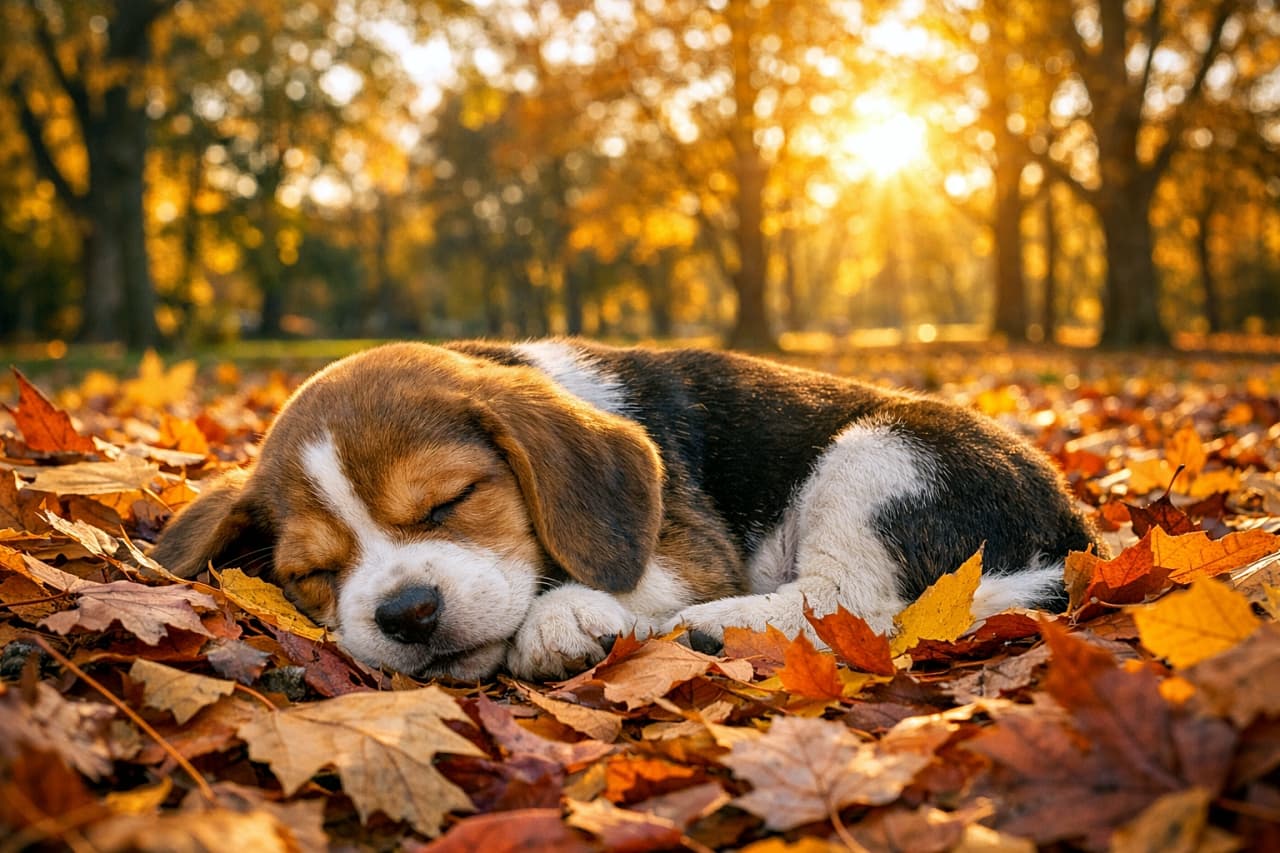 「秋色のふかふかベッドでお昼寝中🍁見ているだけで心までぽかぽかする幸せ時間♪」A beagle puppy sleeping peacefully on a soft bed of colorful autumn leaves in a sunlit park, golden sunlight filtering through the trees, photorealistic. 色鮮やかな秋の落ち葉の上で気持ちよさそうに眠るビーグルの子犬。木々の間から差し込む黄金色の光に包まれた公園の風景
