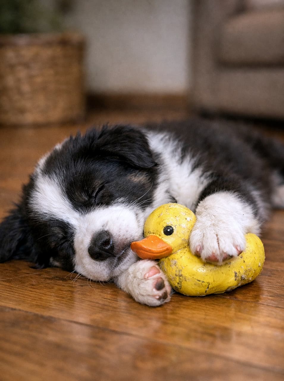 「遊び疲れて電池切れ…それでもお気に入りは離さないの尊い瞬間🐶💤」An exhausted Border Collie puppy asleep on a wooden floor, clutching a worn yellow squeaky toy between its paws. 木の床で眠り込んだボーダーコリーの子犬が、使い込まれた黄色のスクイークおもちゃを前足で抱えている様子