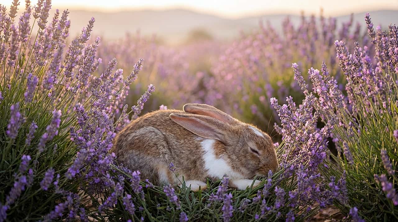 「夕焼けラベンダー畑でうとうと…💤 茶白模様のウサギさんが気持ちよさそう🐇💜」A brown and white spotted rabbit sleeping peacefully nestled in a field of blooming purple lavender at sunset, with soft light and distant hills in the background. 夕暮れ時のラベンダー畑で、茶色と白のぶち模様のウサギが心地よさそうに眠っている様子。背景には山並みが見え、温かい光に包まれている