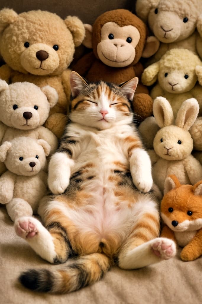 A calico kitten sleeps on its back in a “heso‑ten” belly‑up pose, eyes closed and completely relaxed, nestled among plush stuffed animals including teddy bears, a monkey, a rabbit, a fox, and lambs. The toys surround the kitten closely, creating a cozy, photorealistic, landscape‑oriented scene with soft textures and a peaceful mood. 三毛の子猫が「へそ天」の仰向け姿勢で目を閉じて眠り、完全に無防備な様子。周囲にはテディベア、サル、ウサギ、キツネ、ヒツジなどのぬいぐるみが密に並び、子猫を包み込むように配置されている。やわらかな質感が際立つ横構図のフォトリアルな、温かく穏やかな一場面