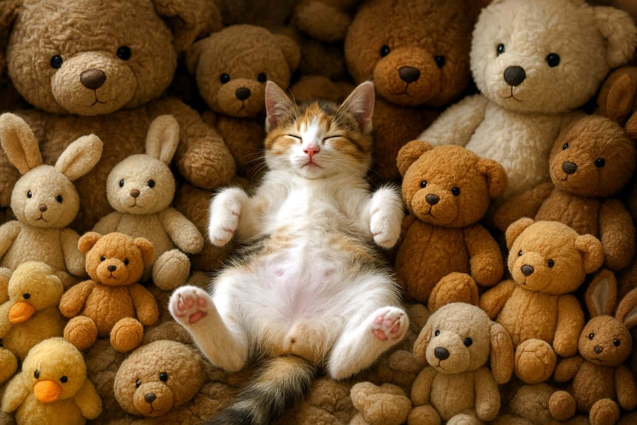 A calico kitten sleeping on its back with its belly exposed, completely relaxed among many plush stuffed animals, including teddy bears, bunnies, and ducks. 三毛柄の子猫がお腹を上にして無防備に眠り、テディベアやうさぎ、アヒルなどのたくさんのぬいぐるみに囲まれている様子