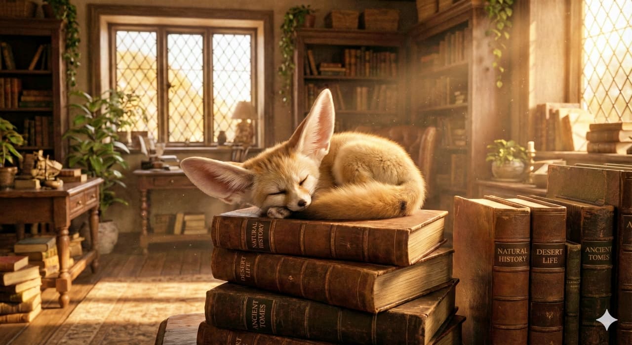 A tiny Fennec fox with oversized ears sleeps atop vintage books, bathed in warm library sunlight. 大きな耳のフェネックが古書の上で眠る。図書室の柔らかな陽光に包まれている