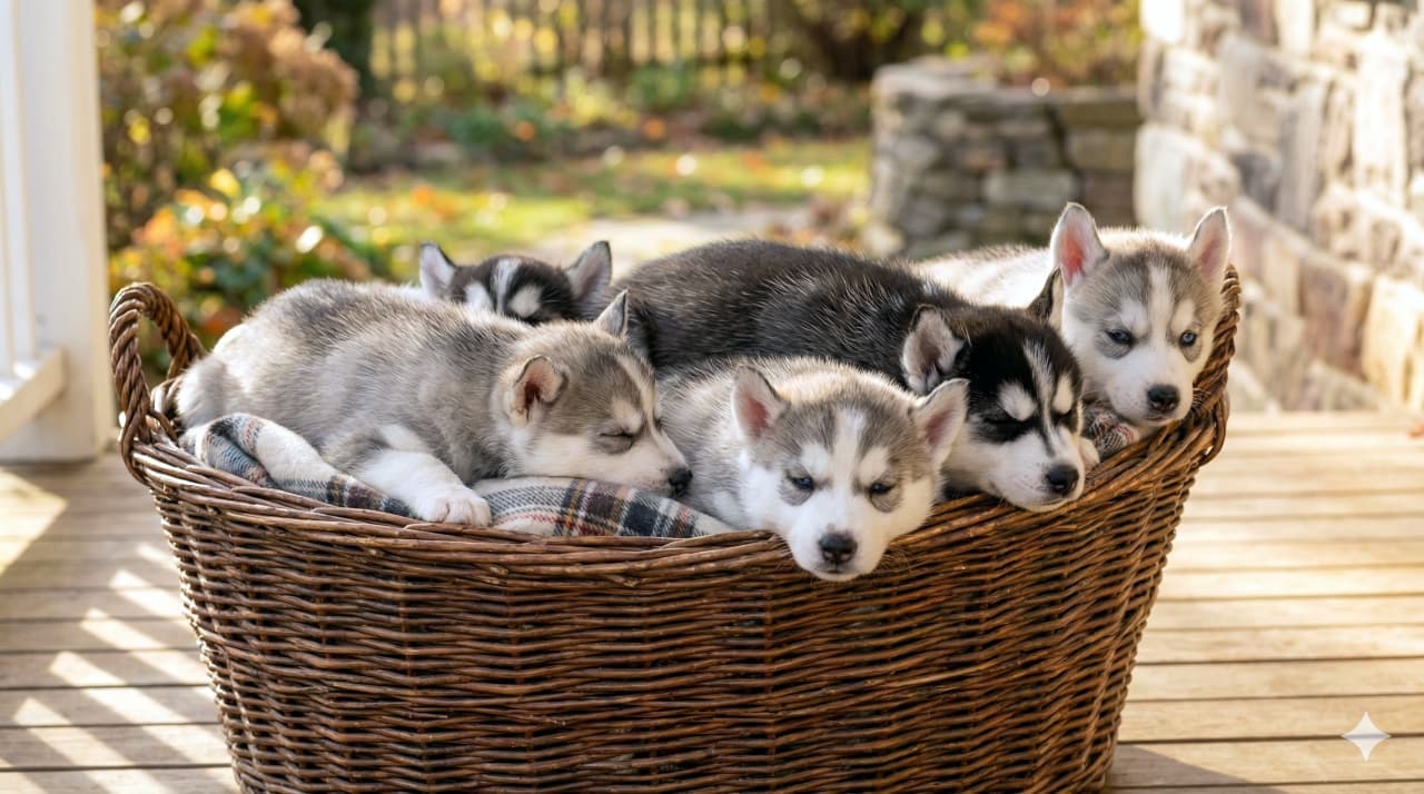 Five fluffy Siberian Husky puppies—black, white, and gray—rest together in a large wicker basket lined with a plaid blanket on a wooden porch, with a stone wall and garden in soft daylight; a few peek their heads out. 大きな籠に入ったシベリアンハスキーの子犬5匹(ブラック、ホワイト、グレーの混色)。チェック柄の毛布に包まれ、木のポーチの上で休む。背後に石壁と庭があり、柔らかな自然光の中で数匹が顔をのぞかせている