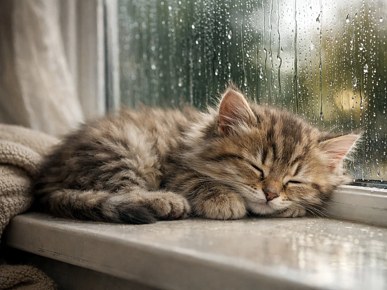 「雨の日はここが特等席☔️ふわふわ子猫の幸せお昼寝タイムに癒やされる瞬間🐾」A fluffy kitten sleeping peacefully on a windowsill while raindrops streak down the glass, soft natural light creating a cozy atmosphere with detailed fur and gentle reflections. 雨粒が流れる窓辺の窓台で、ふわふわの子猫が気持ちよさそうに眠っている様子。柔らかな自然光と濡れたガラスの反射が温かく心地よい雰囲気を演出している