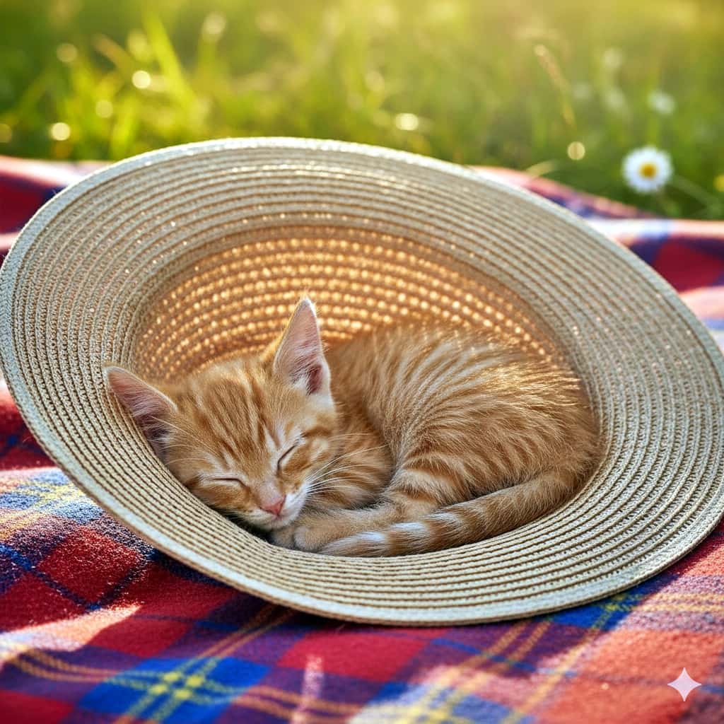 A small orange tabby kitten sleeps curled inside an upside‑down straw sun hat on a red‑blue plaid picnic blanket spread over grass; bright sunlight casts hat‑weave shadows on its fur, with a daisy in the background and vibrant outdoor colors. 小さなオレンジタビー子猫が、裏返しの麦わら帽子の中で丸くなって眠っている。赤青チェックのピクニックブランケットが芝生に広がり、強い日差しが帽子の編み目の影を毛並みに落とす。背景にヒナギクが見え、色彩が鮮やか