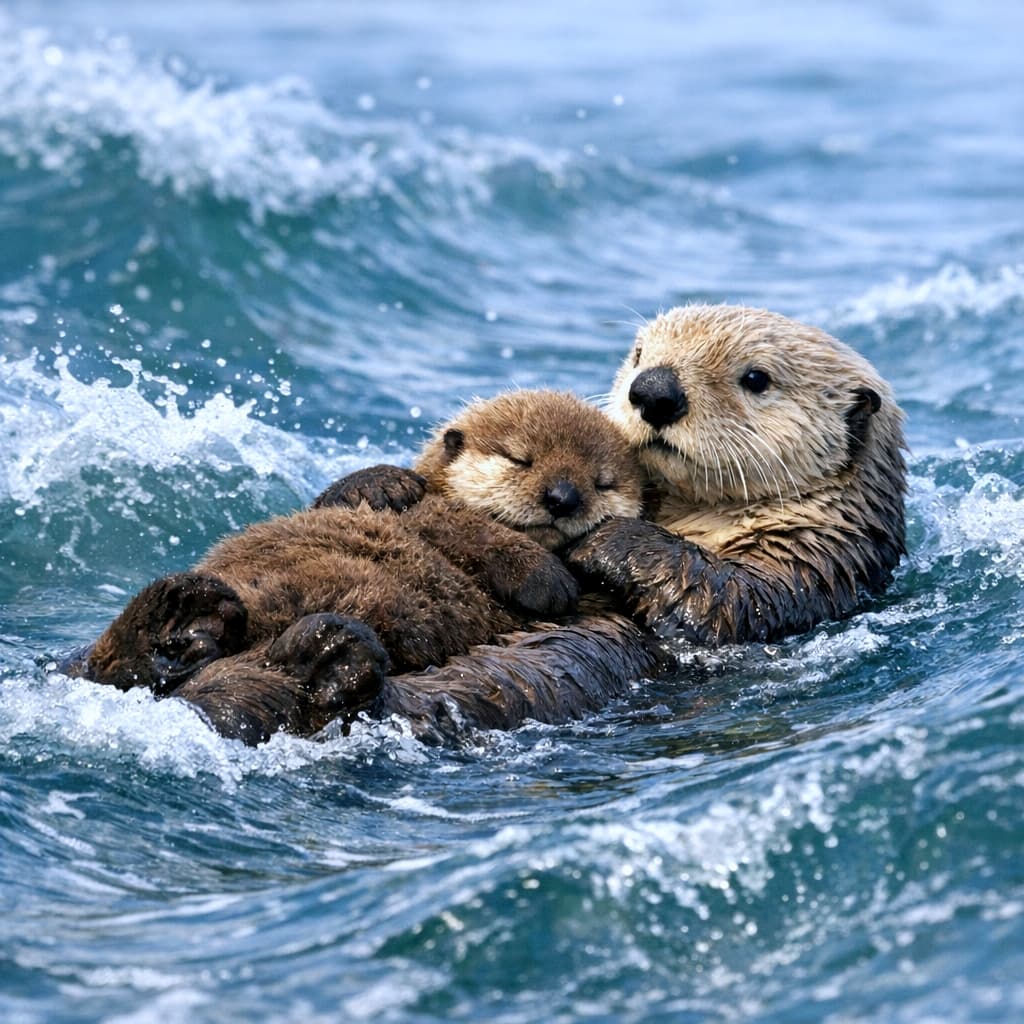 「ゆらゆら波のベッドで、ぎゅっと親子時間✨」A mother sea otter floats gently on rolling ocean waves, lying on her back with her pup resting safely on her chest. The mother’s damp fur glistens in the light, her forepaws wrapped protectively around the fluffy brown pup. The pup, eyes closed, nestles into her lighter-colored chest fur as they bob together on the turquoise water. Soft white foam forms around them as the waves rise and fall, creating a peaceful, rhythmic scene across the open sea. 母ラッコが海の波に揺られながら仰向けに浮かび、その胸の上で子ラッコが安心して眠っている。母ラッコの濡れた毛並みは光を受けて輝き、前足で子どもをしっかり抱き寄せている。子ラッコはふわふわの濃い茶色の毛をしたまま目を閉じ、母の明るい色の胸元に身を預けている。周囲では白い泡をまとった波がゆるやかに上下し、広い海の上に穏やかな時間が流れている