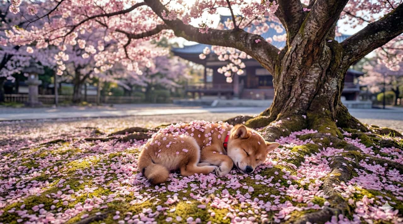 A Shiba Inu puppy sleeps on moss beneath a cherry blossom tree, delicate pink petals blanketing its back, soft spring light with traditional Japanese architecture in the background. 桜の木の下、苔の上で眠る柴犬の子犬。背中に淡いピンクの花びらが優しく掛かり、柔らかな春の光の中、奥に日本の伝統的建築が見える