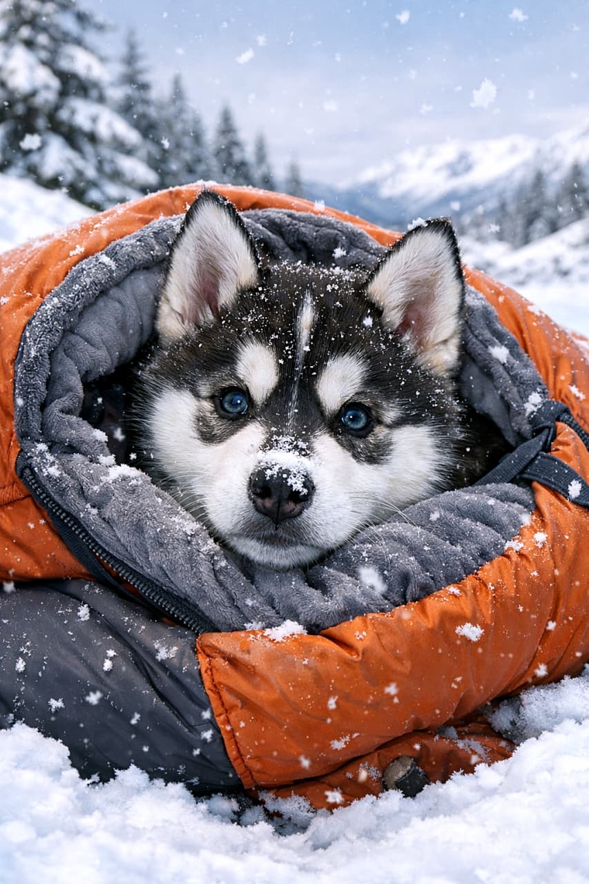 「ぬくぬく寝袋からひょっこり♡雪のお鼻が可愛すぎる冬の冒険家🐾」A Siberian Husky puppy peeking out from a warm sleeping bag in a snowy landscape, with snowflakes resting on its nose, surrounded by soft falling snow and winter mountains in the background. 雪景色の中、暖かそうな寝袋から顔をのぞかせるシベリアンハスキーの子犬。鼻先に雪が積もり、背景には冬の山とやさしく降る雪が広がっている