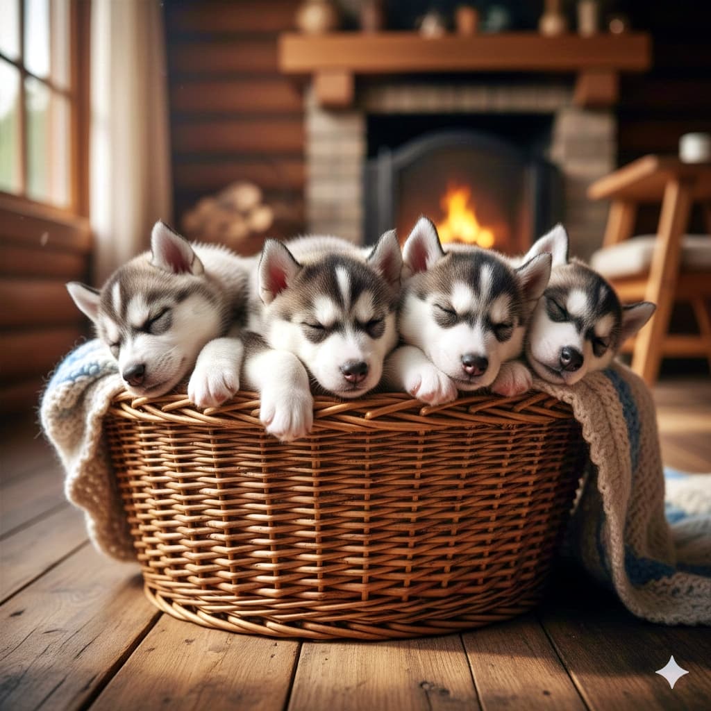 Four Siberian Husky puppies sleep closely together in a woven wicker basket, heads resting on the rim, eyes closed. A knitted blanket drapes over the side. The warm, rustic room has wooden floors and walls, with a softly glowing fireplace in the background, creating a cozy, homely atmosphere. 編み込みの籐かごの中で、シベリアン・ハスキーの子犬が4匹、縁に頭を乗せて目を閉じて寄り添いながら眠っている。側面にはニット毛布が掛けられ、木の床と壁のある温かな室内の奥で暖炉の火が柔らかく灯り、家庭的で心地よい雰囲気を作っている