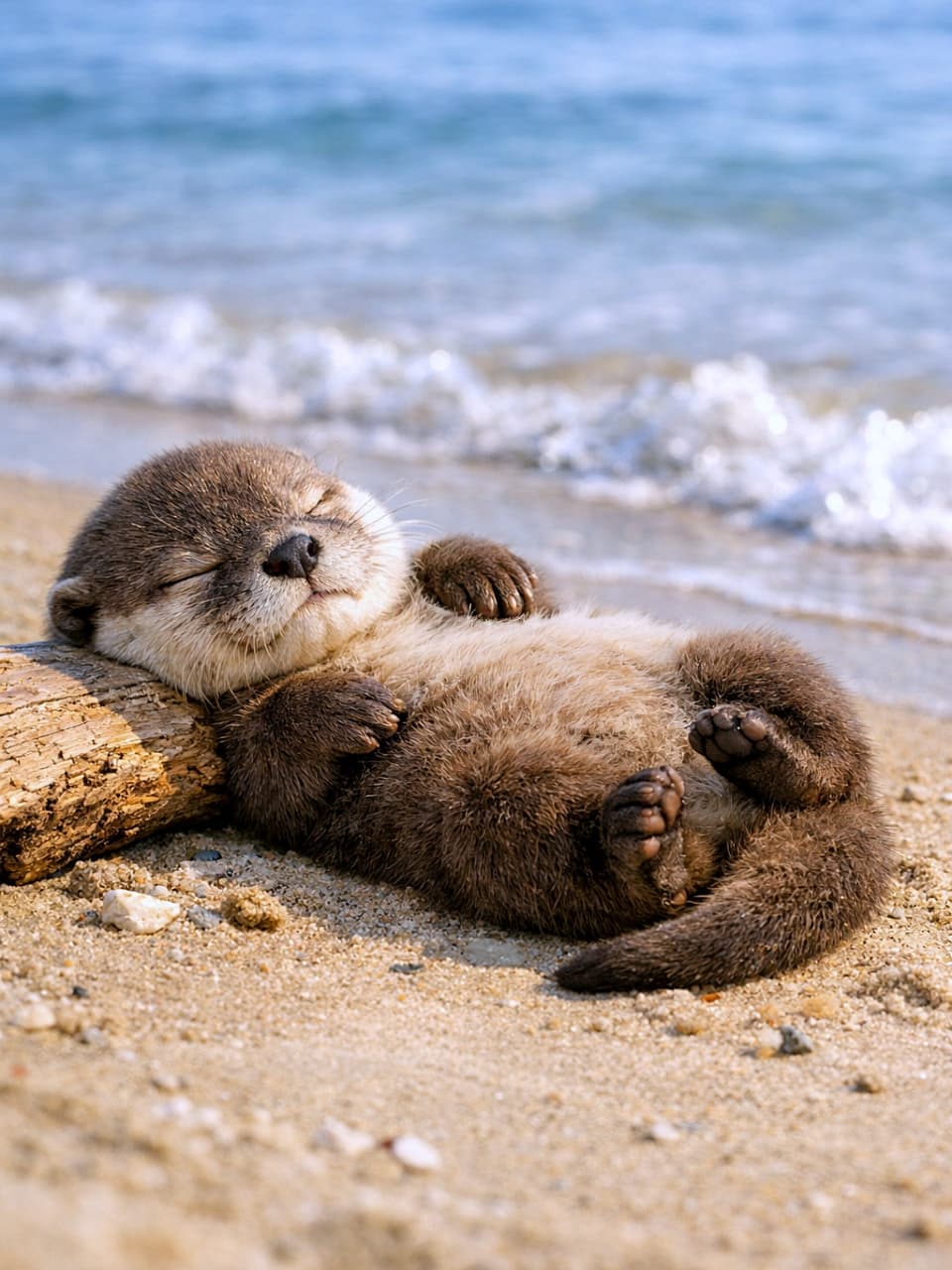 「お腹に砂つけたまま爆睡…無防備すぎて尊い可愛さ!」A fluffy baby river otter peacefully napping on its back on a sandy shore, paws curled up and head resting on driftwood, with small waves approaching behind. 砂浜で流木に頭を乗せ、お腹に砂をつけたまま仰向けで眠るカワウソの赤ちゃん。背後には小さな波が寄せている