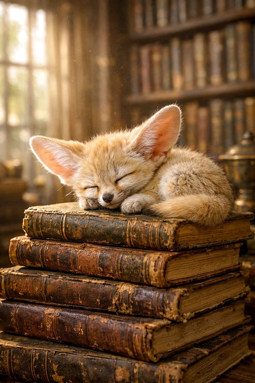 「本の山の上でおやすみ中。大きなお耳がぴょこん♪陽だまりの図書館で夢の読書タイム📚✨」A tiny fennec fox kit with oversized ears sleeping peacefully on a stack of old books in a warm, sunlit library. 大きな耳の小さなフェネックの赤ちゃんが、古い本の山の上で暖かな陽光に包まれて気持ちよさそうに眠っている様子