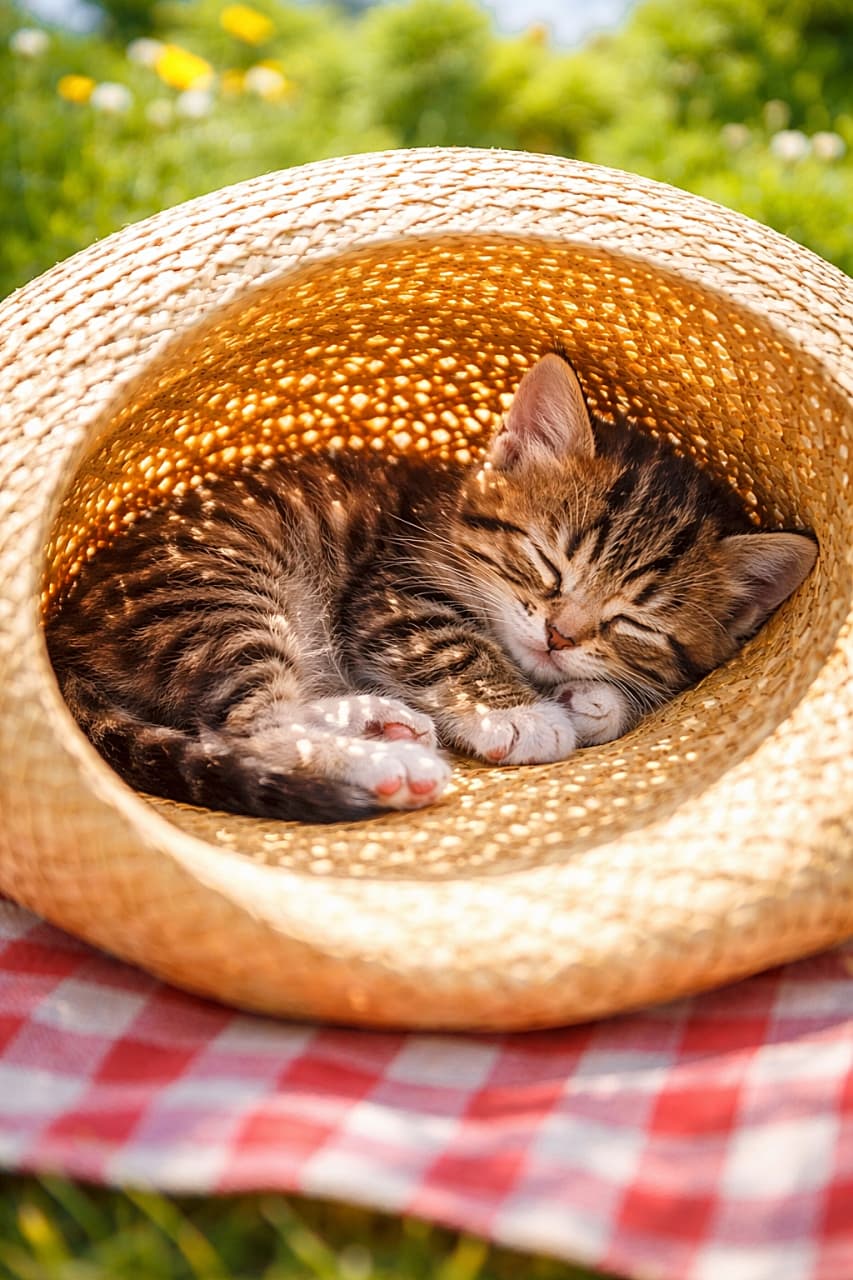 「麦わら帽子が最高のベッドに♪木漏れ日模様に包まれて、子猫は夢の中です🐾✨」A tiny tabby kitten fast asleep inside an upside-down straw sun hat on a red-and-white picnic blanket, with sunlight filtering through the woven hat and casting patterned shadows on its fur, bright sunny day, high resolution. 赤白チェックのピクニックブランケットの上に裏返しに置かれた麦わら帽子の中で、子猫がぐっすり眠っている様子。帽子の編み目から差し込む光が毛並みに模様の影を落としている、明るい夏の日の高精細写真