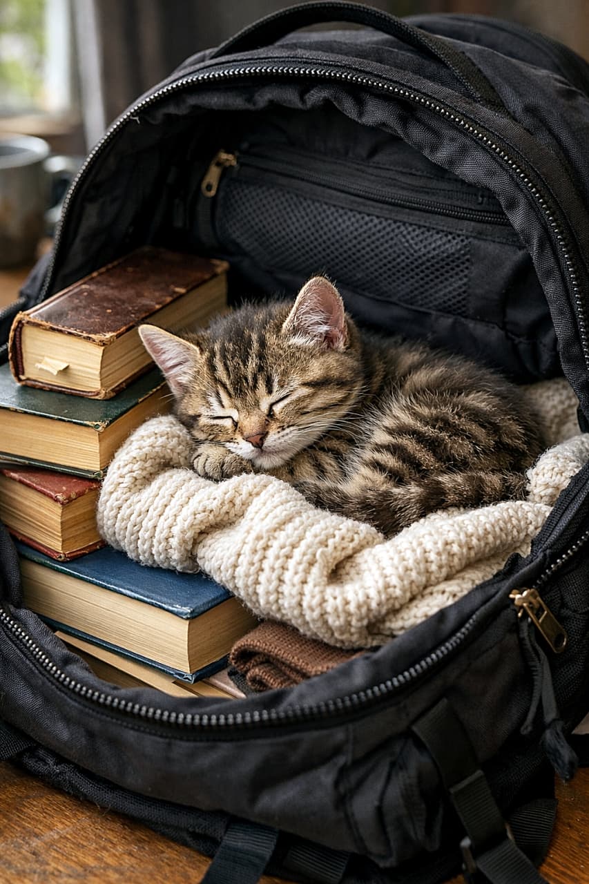 「気づいたらリュックがベッドに…本とニットに包まれてすやすや夢の中🐾」A small tabby kitten sleeping peacefully inside an open backpack, nestled among stacked books and a soft knitted sweater, warm natural light creating a cozy atmosphere. 開いたリュックの中で、本と柔らかいニットに囲まれて気持ちよさそうに眠る小さなキジトラの子猫。自然光が差し込む温かく居心地の良い雰囲気