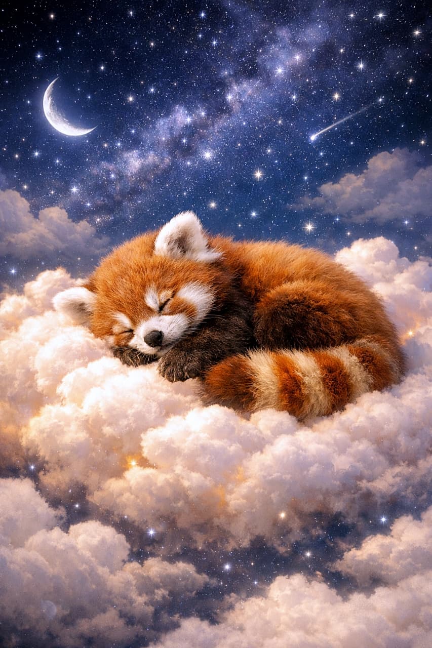 「ふわふわ雲でぐっすり眠るレッサーパンダの赤ちゃん。星空に包まれる夢の時間✨」A fluffy red panda cub sleeping peacefully on a soft, glowing cloud under a starry night sky, with a crescent moon and shooting stars in a dreamy fantasy setting. ふわふわと光る雲の上で気持ちよさそうに眠るレッサーパンダの赤ちゃん。三日月や流れ星が輝く星空に包まれた幻想的なシーン