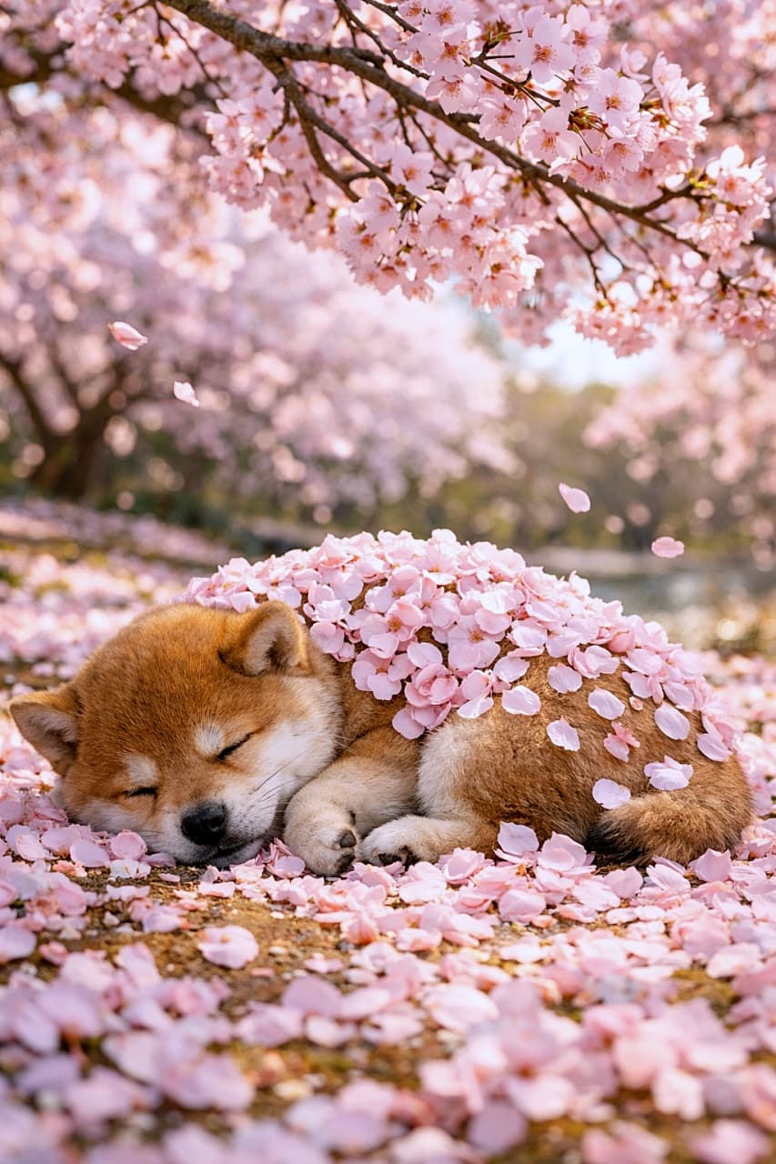 「花びらのおふとんで夢の中🌸春に包まれて眠る柴犬が尊すぎる件✨」A sleeping Shiba Inu puppy curled beneath a cherry blossom tree, soft pink petals covering its back like a delicate blanket, warm sunlight and dreamy bokeh. 桜の木の下で丸くなって眠る柴犬の子犬。背中には淡いピンクの花びらがやさしく積もり、春の陽光に包まれている
