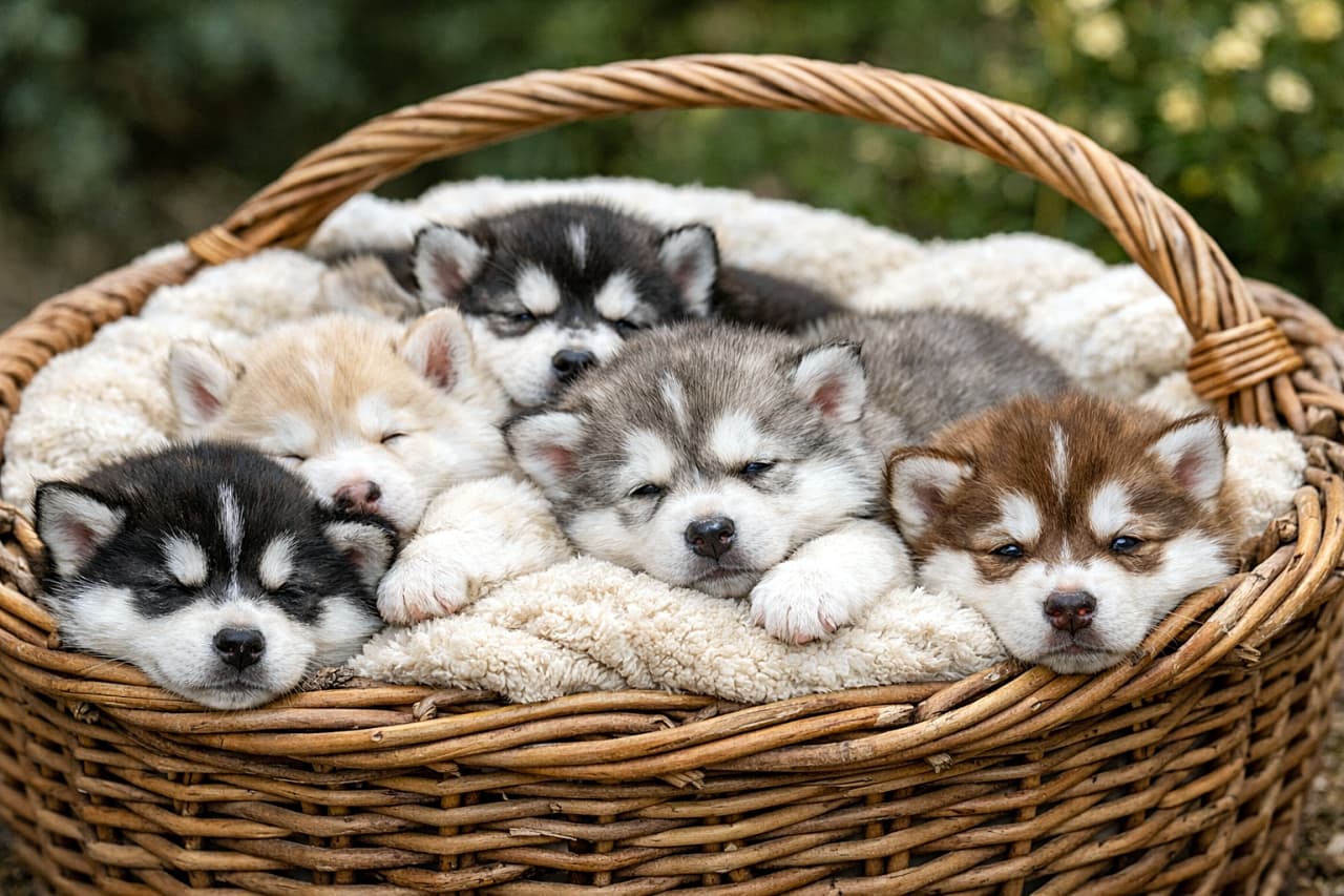 「もふもふ天国すぎる…!かごいっぱいに詰まった幸せな子犬団子で癒やし全開🐶✨」A group of fluffy Siberian Husky puppies sleeping together inside a large wicker basket lined with a soft blanket, some resting their heads on the edge, with a blurred garden background, photorealistic and warm lighting. 大きなウィッカーバスケットの中で柔らかい毛布に包まれ、寄り添って眠るふわふわのシベリアンハスキーの子犬たち。数匹は縁に顔をのせ、背景はやわらかくぼけた庭の風景